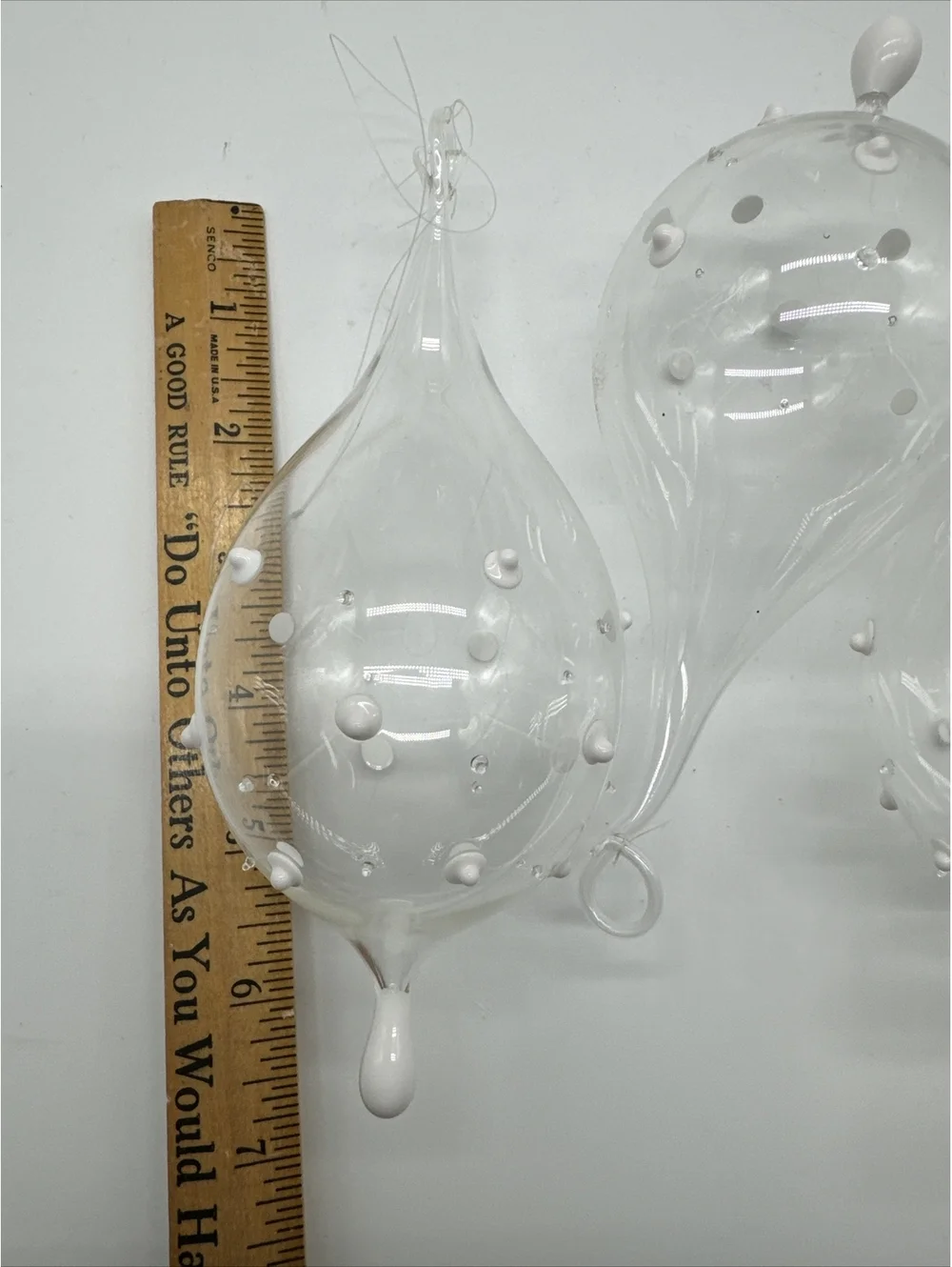 4 vintage Hand Blown, teardrop,  Christmas ornaments,Clear glass With White Dots
